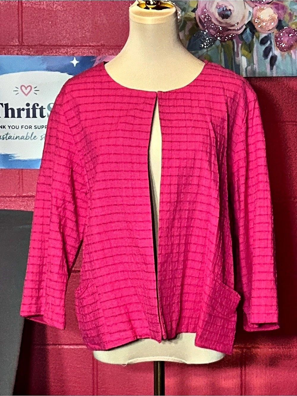 chico's Textured Checkered Jacket in Pink Size 2